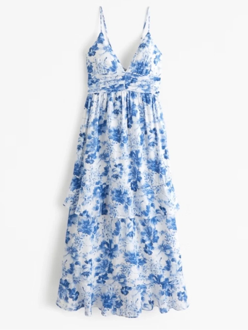 Blue Floral Tiered Maxi Dress with Spaghetti Straps